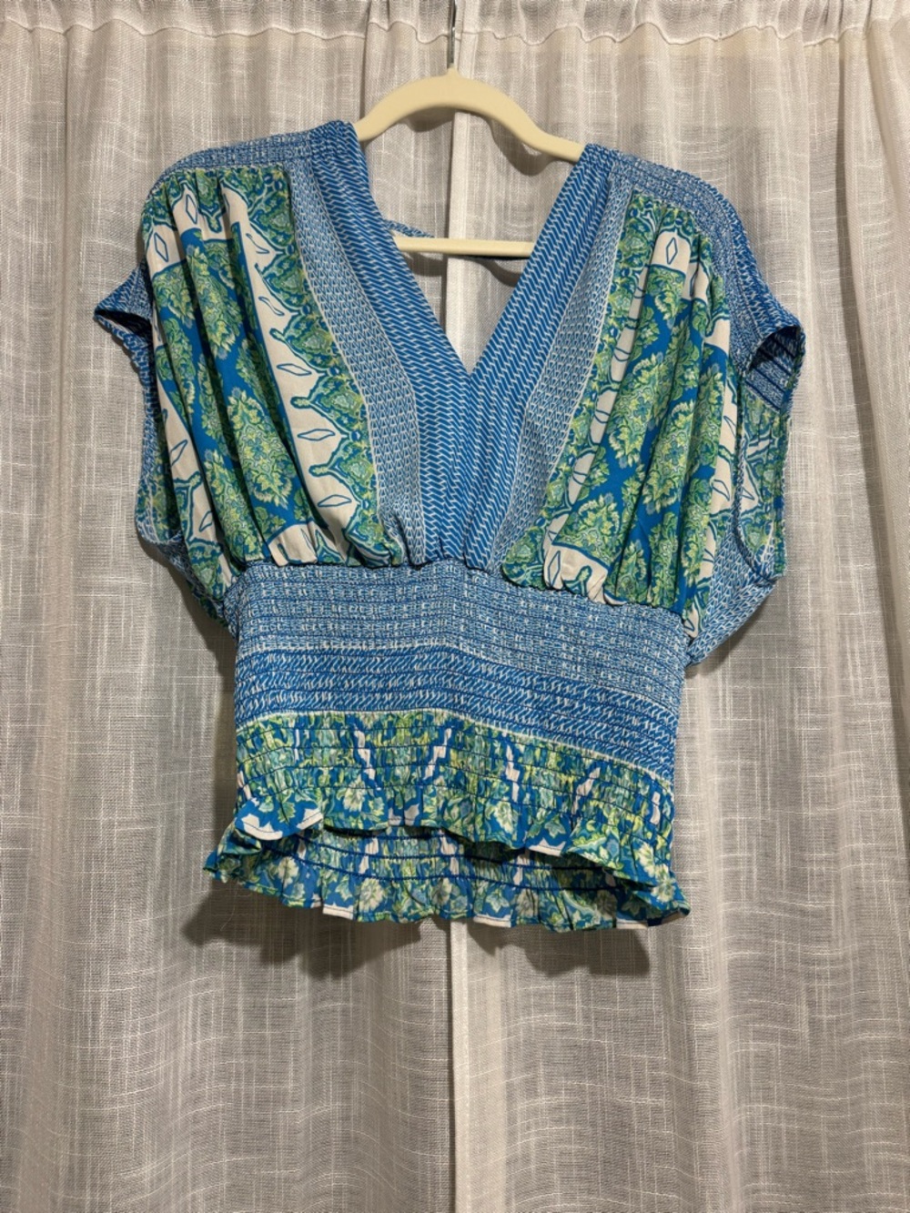 Rose & Olive Blue and Green V-Neck Smocked Waist Blouse